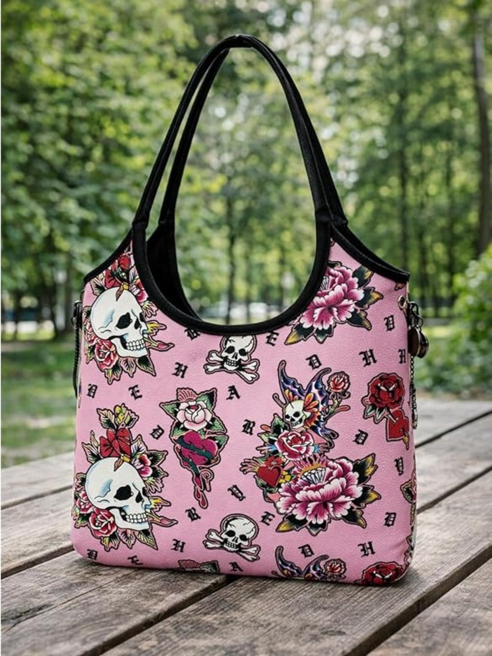 NWT Ed Hardy: Women's Faux Leather Tote Bag (Skull Rose Pink) - Picture 3 of 14